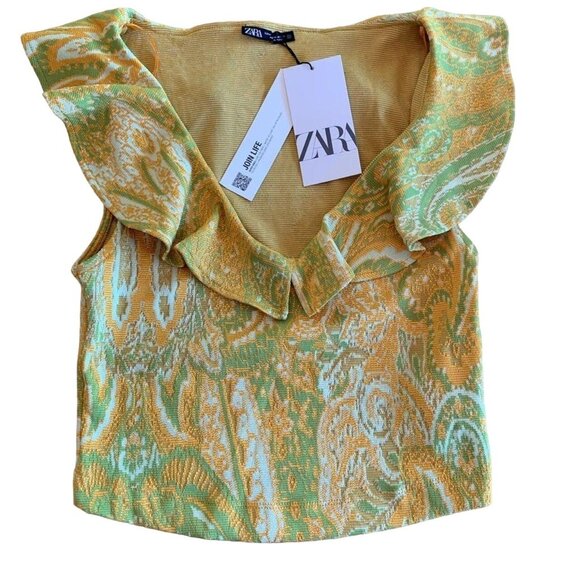 Zara Women's Sleeveless Paisley Ruffle Neck Top Yellow/Green Size M - Picture 4 of 4